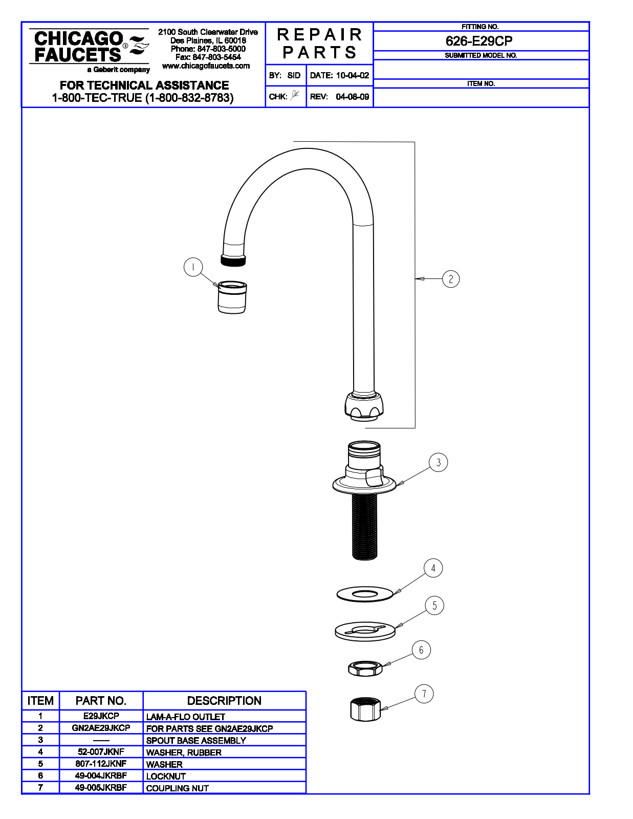 Chicago Faucet 626-E29 Parts List