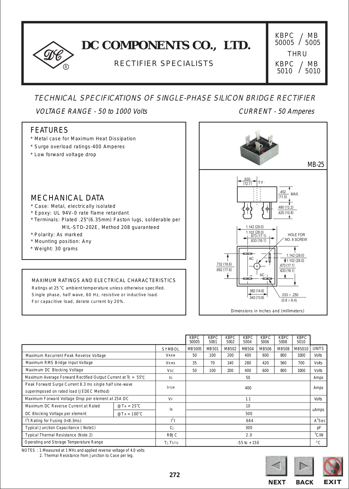 DC COMPONENTS MB5010, MB502, MB5005, MB504, MB506 Datasheet