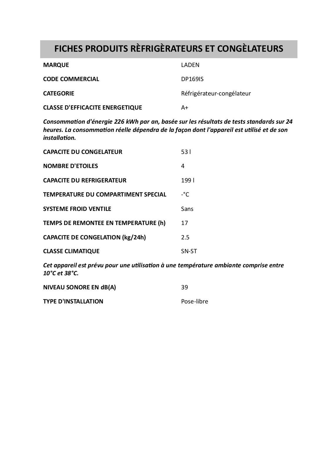 Whirlpool DP169IS PRODUCT SHEET