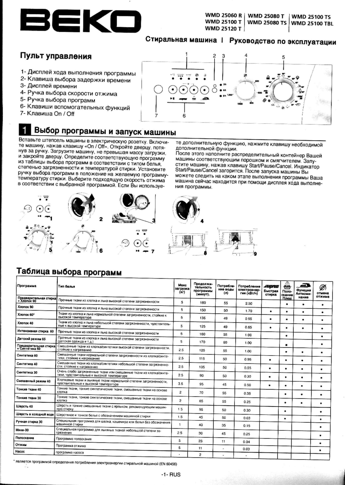 Beko WMD 25080 TS, WMD 25100 T, WMD 25100 TS, WMD 25060 R, WMD 25120 T User Manual