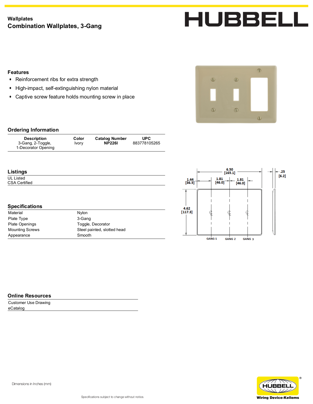 Hubbell NP226I Specifications