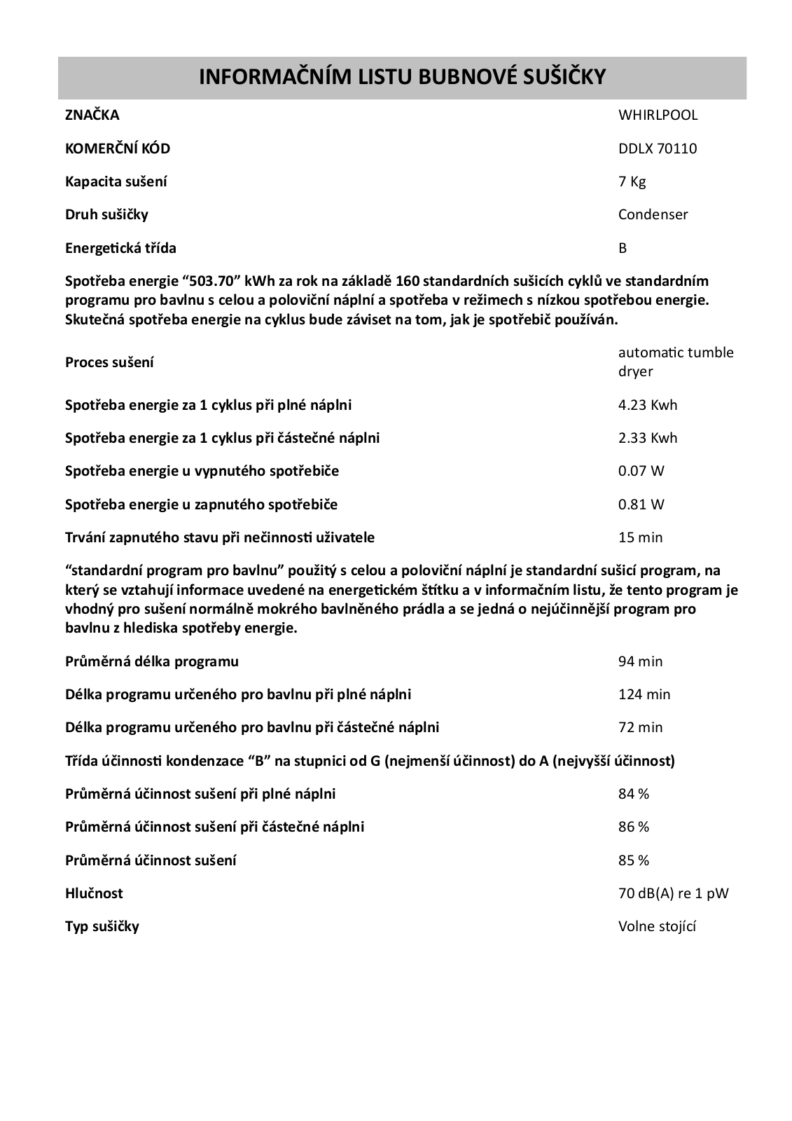 Whirlpool DDLX 70110 User Manual