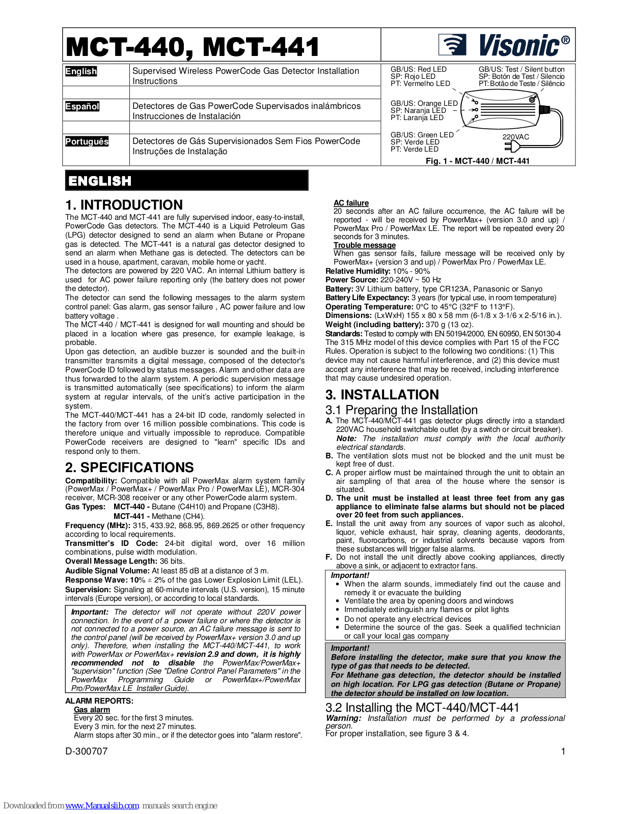 Visonic MCT-440 Installation Instructions Manual