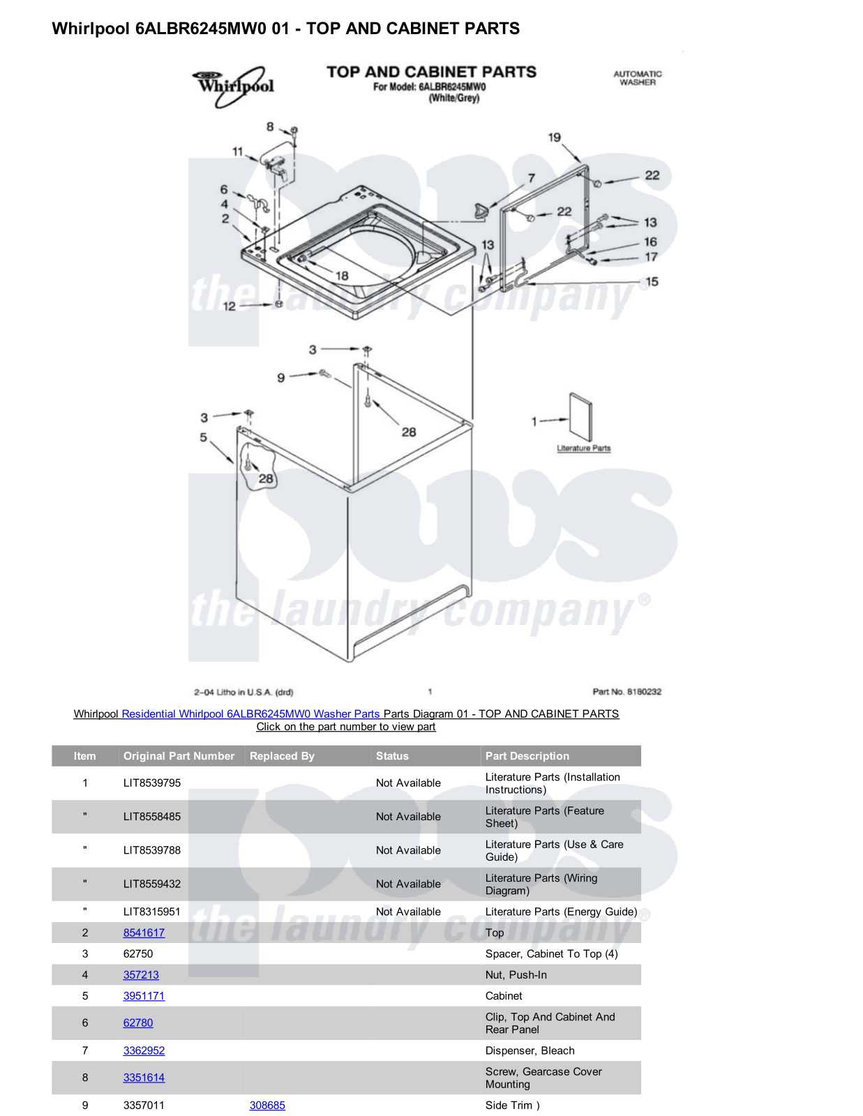 Whirlpool 6ALBR6245MW0 Parts Diagram