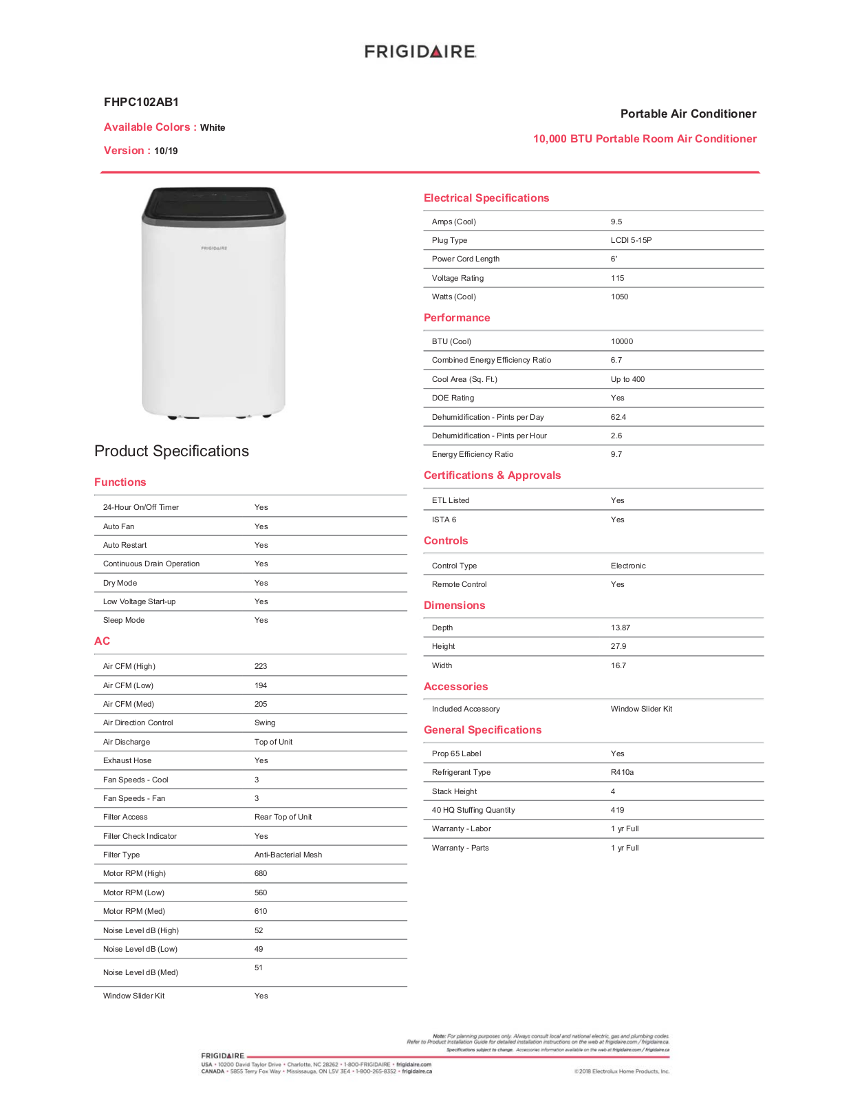 Frigidaire FHPC102AB1 Specifications