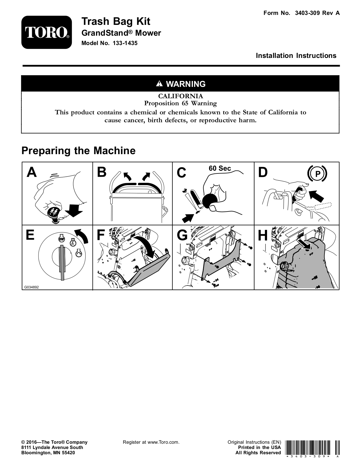 Toro 133-1435 Installation Instructions