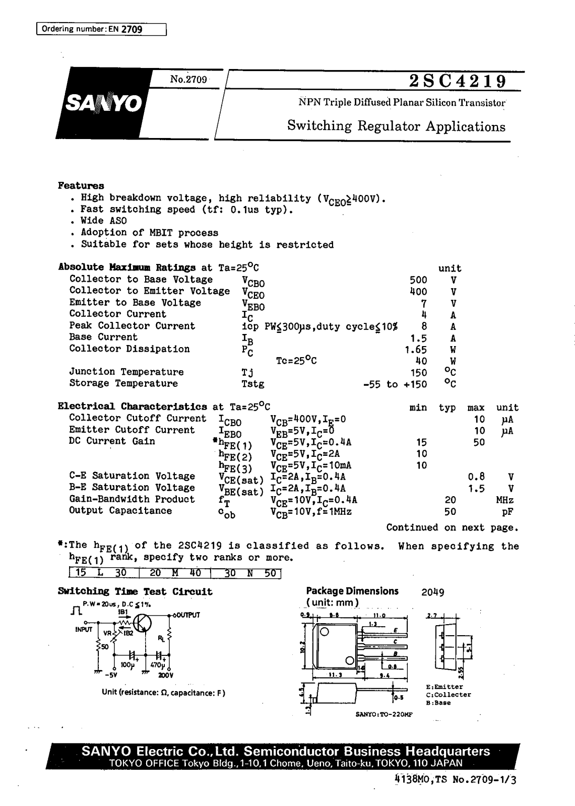 SANYO 2SC4219 Datasheet