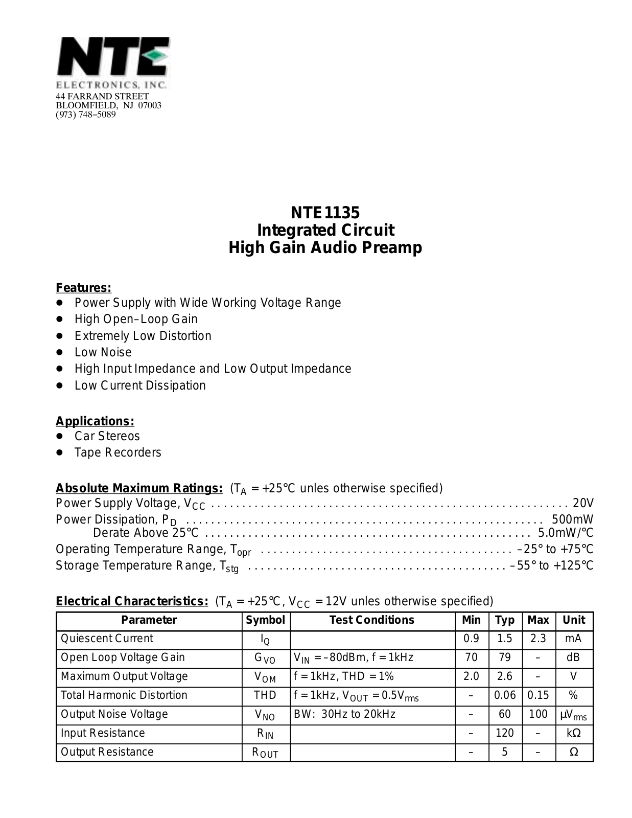 Datasheet NTE1135 Datasheet (NTE) - ManualMachine.com