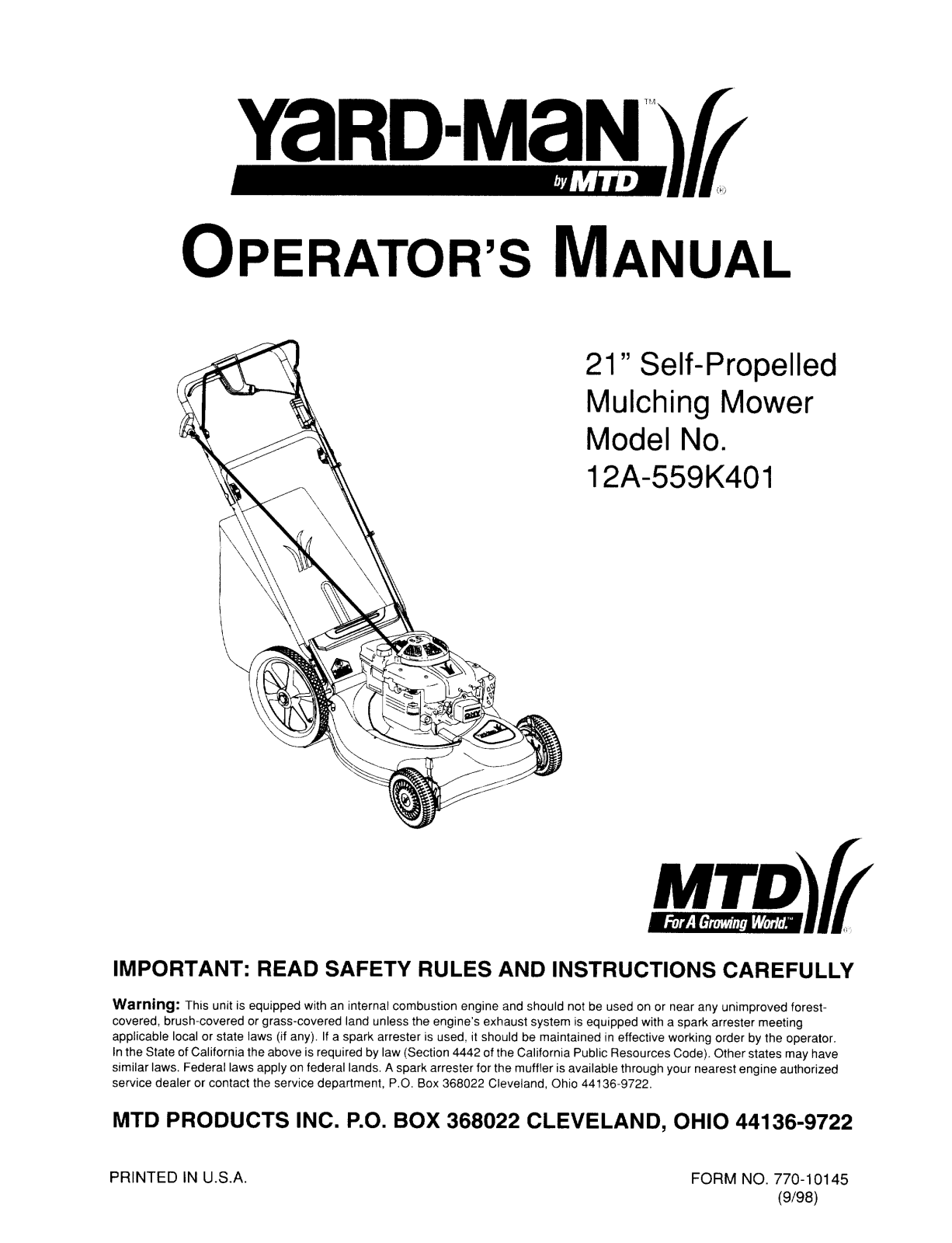 MTD Yard-Man 12A-559K401 User Manual