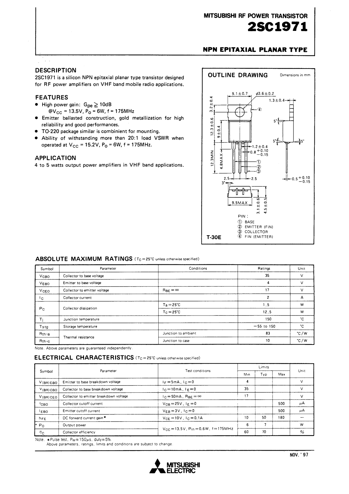 Mitsubishi Electric Corporation Semiconductor Group 2SC1971 Datasheet