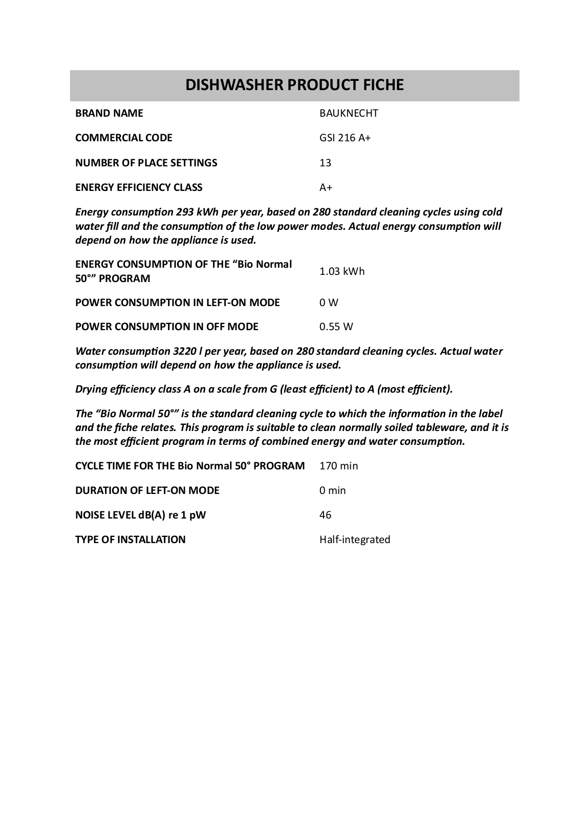 Bauknecht GSI 216 A+ Product Sheet