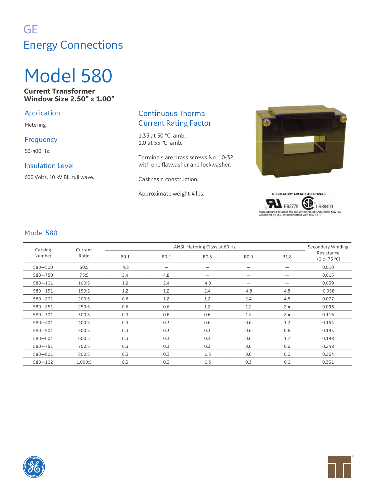 Instrument Transformer, Div of GE 580 Data Sheet