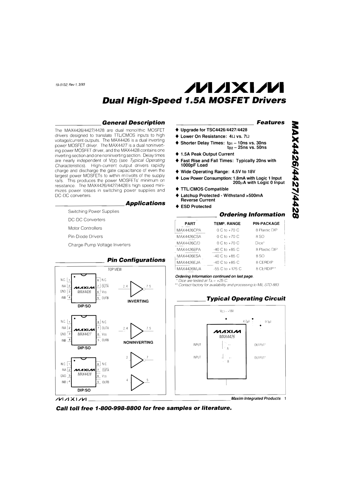 Maxim MAX4427CSA, MAX4427CPA, MAX4427C-D, MAX4426MJA, MAX4426ESA Datasheet