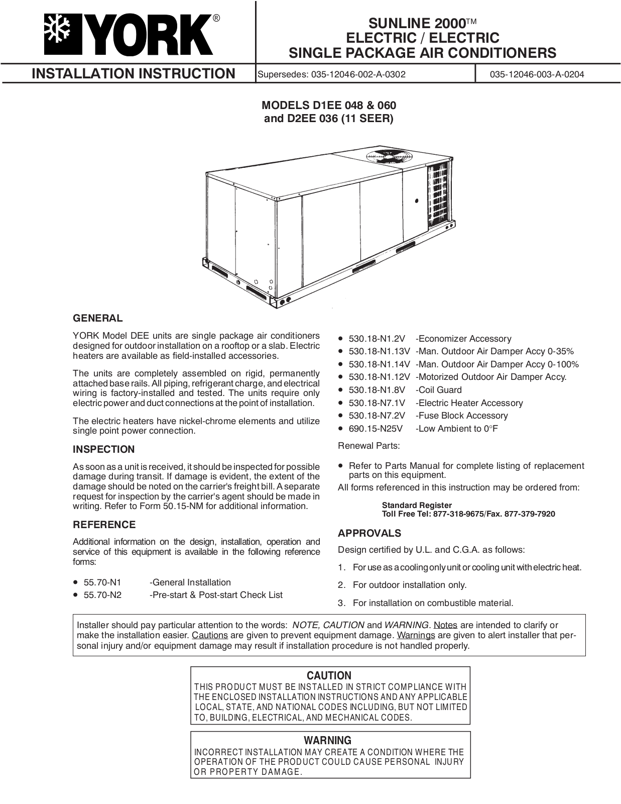 York D1EE 048, D1EE 060, D2EE 036 User Manual