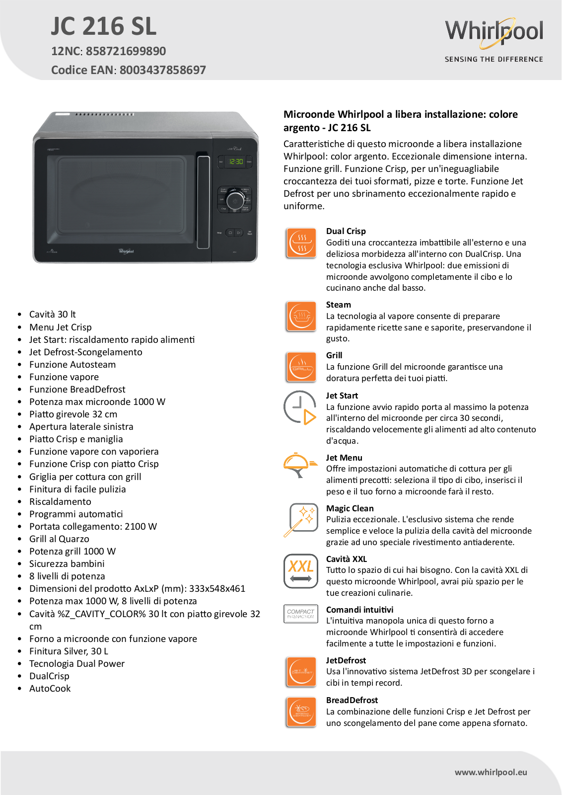 Whirlpool JC 216 SL Product information