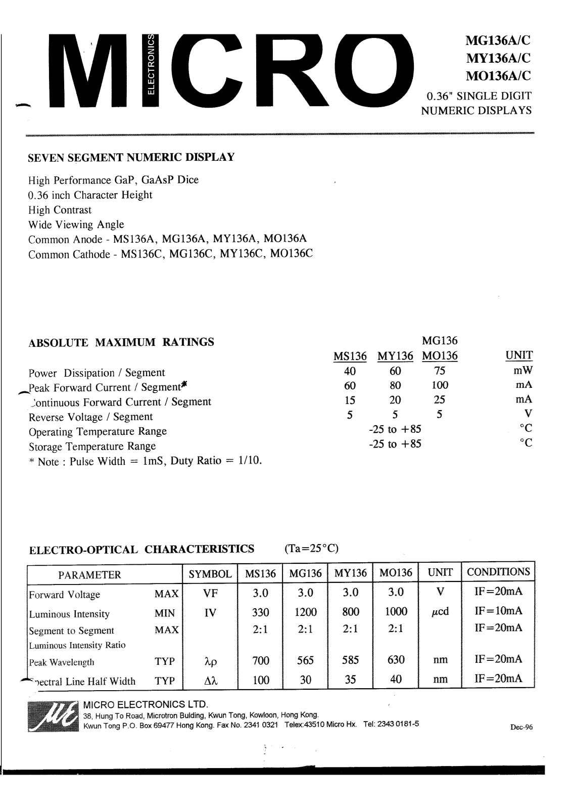 MICRO MO136A, MO136C, MG136C, MY136A, MY136C Datasheet