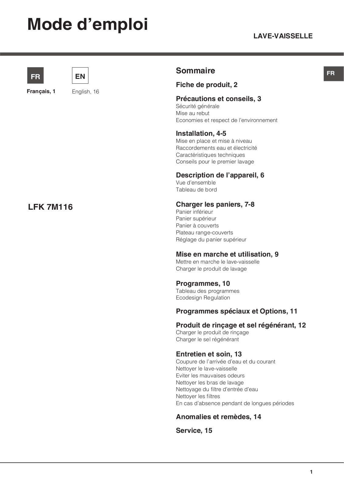 Hotpoint LFK 7M116 X FR, LFK 7M116 FR User Manual