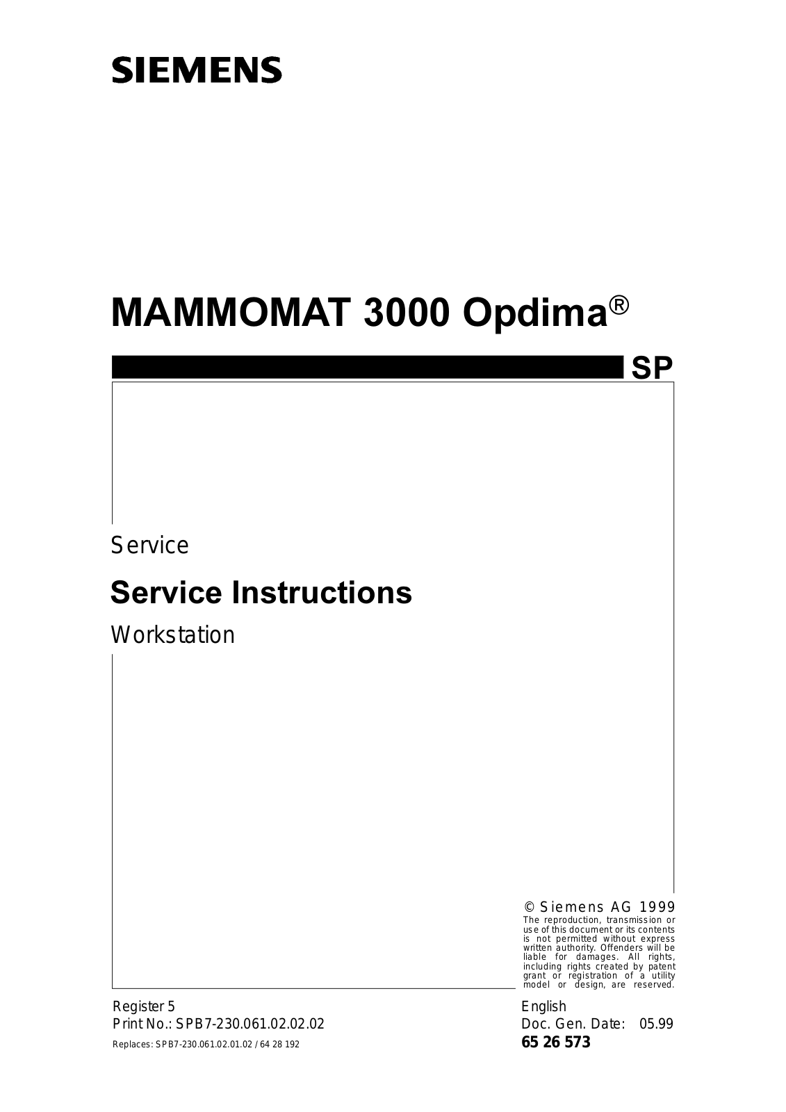 Siemens Mammomat 3000 Opdima Service manual