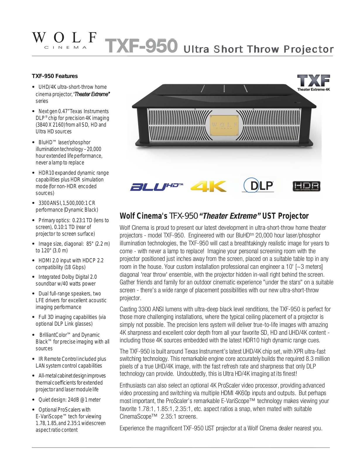 Wolf Cinema TXF-950 Product Sheet