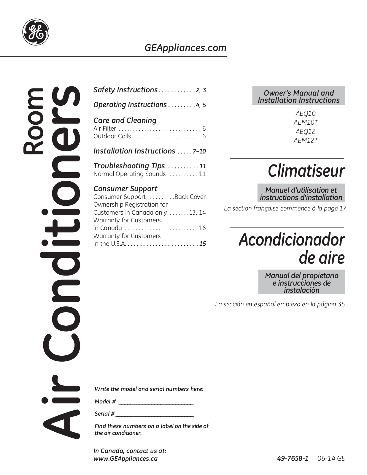 GE AEM10AQ, AEM12AS, AEM12AR, AEQ10AQ User Manual