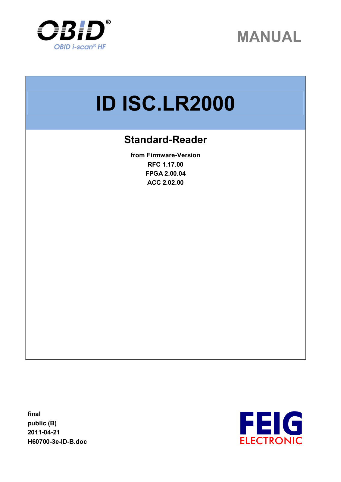 Feig Electronic OBID i-scan ID ISC.LR2000, OBID i-scan ID ISC.LRM2000 User Manual