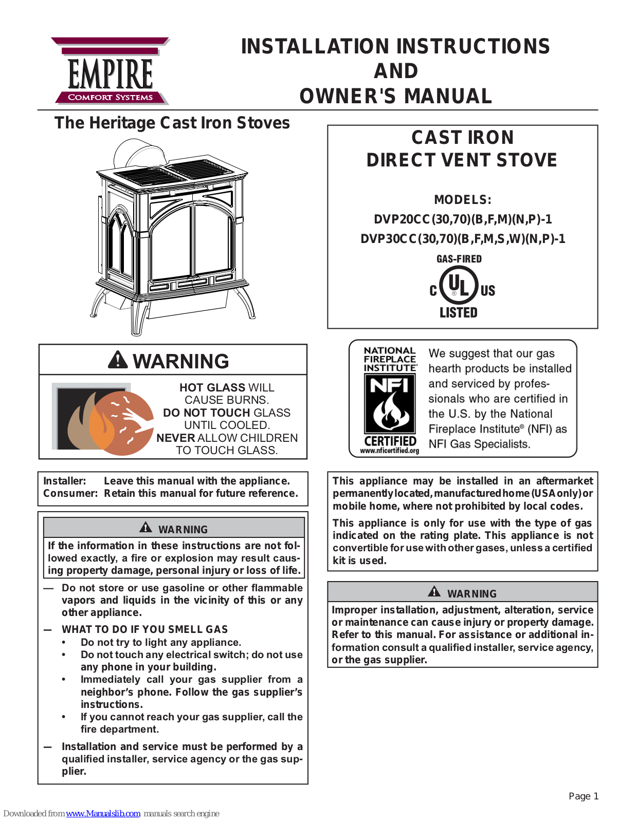 Empire Comfort Systems DVP20CC30FP-1, DVP20CC70FP-1, DVP20CC30MP-1, DVP20CC70MP-1, DVP20CC30BN-1 Installation Instructions And Owner's Manual