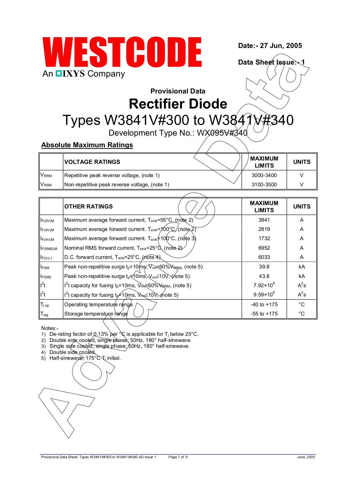 Westcode Semiconductors W3841V#300, W3841V#340 Data Sheet