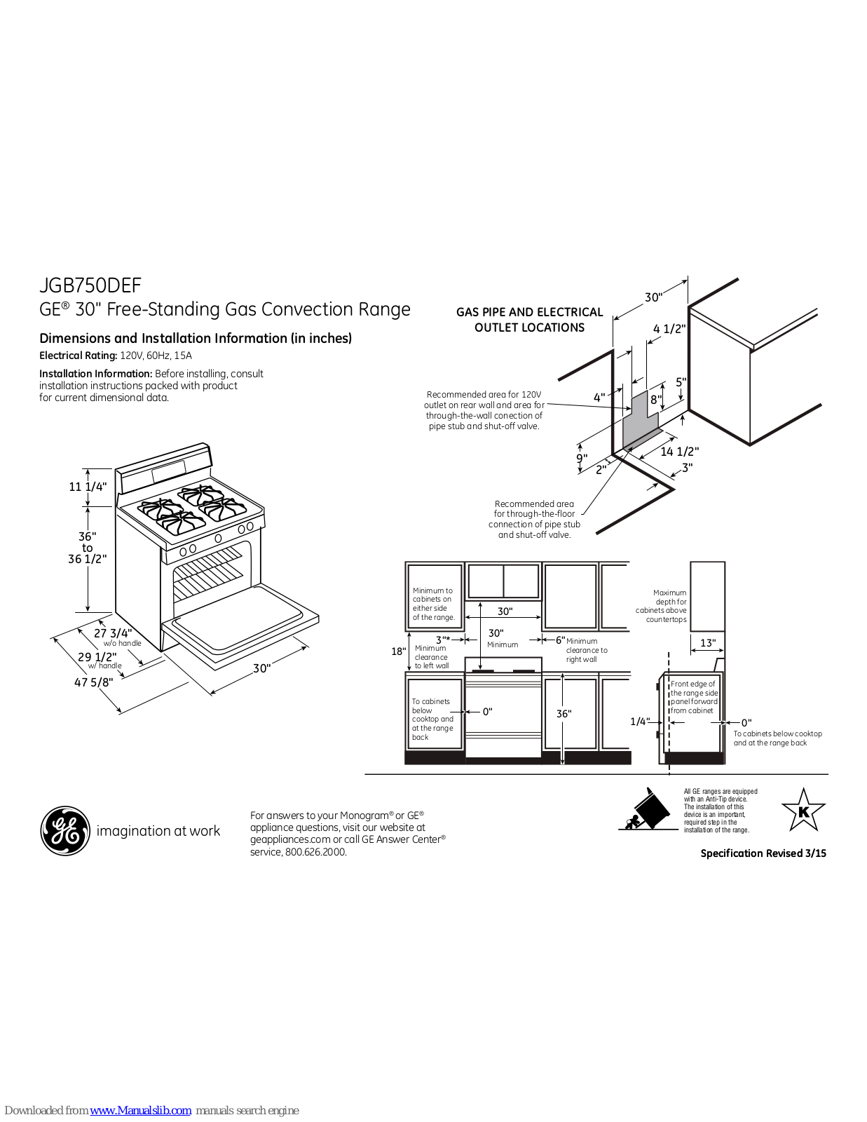 GE JGB750DEF, JGB750DEFBB, JGB750DEFCC, JGB750DEFWW Dimensions And Installation Information - ManualMachine.com