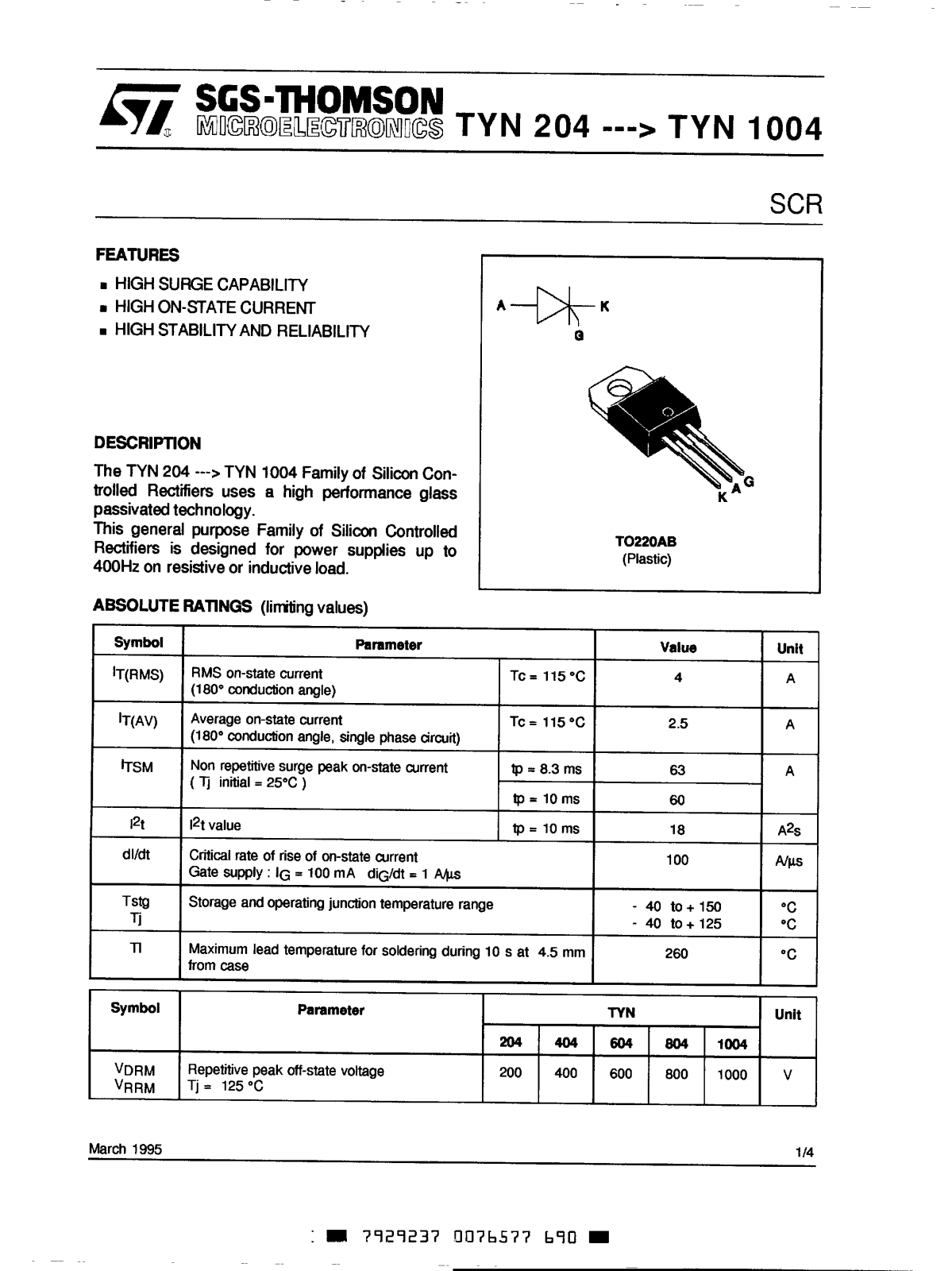 Datasheet TYN604 Specification - ManualMachine.com