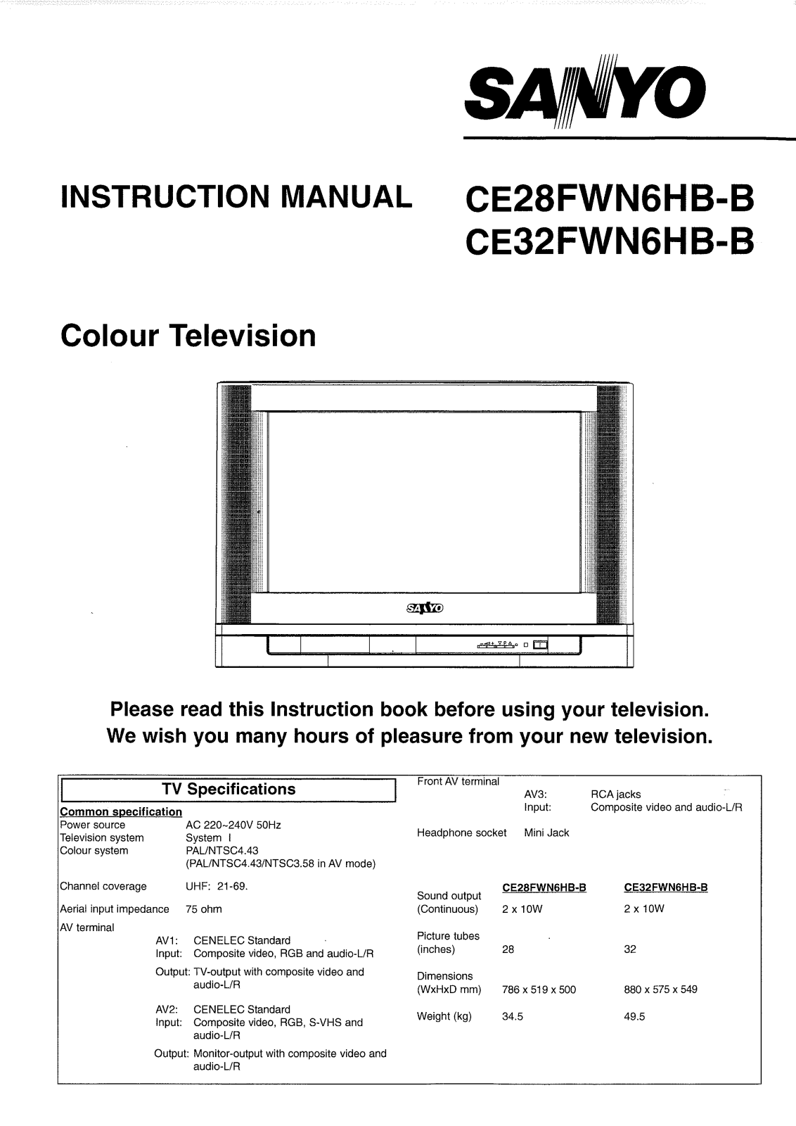 Sanyo CE28FWN6HB-B, CE32FWN6HB-B Instruction Manual
