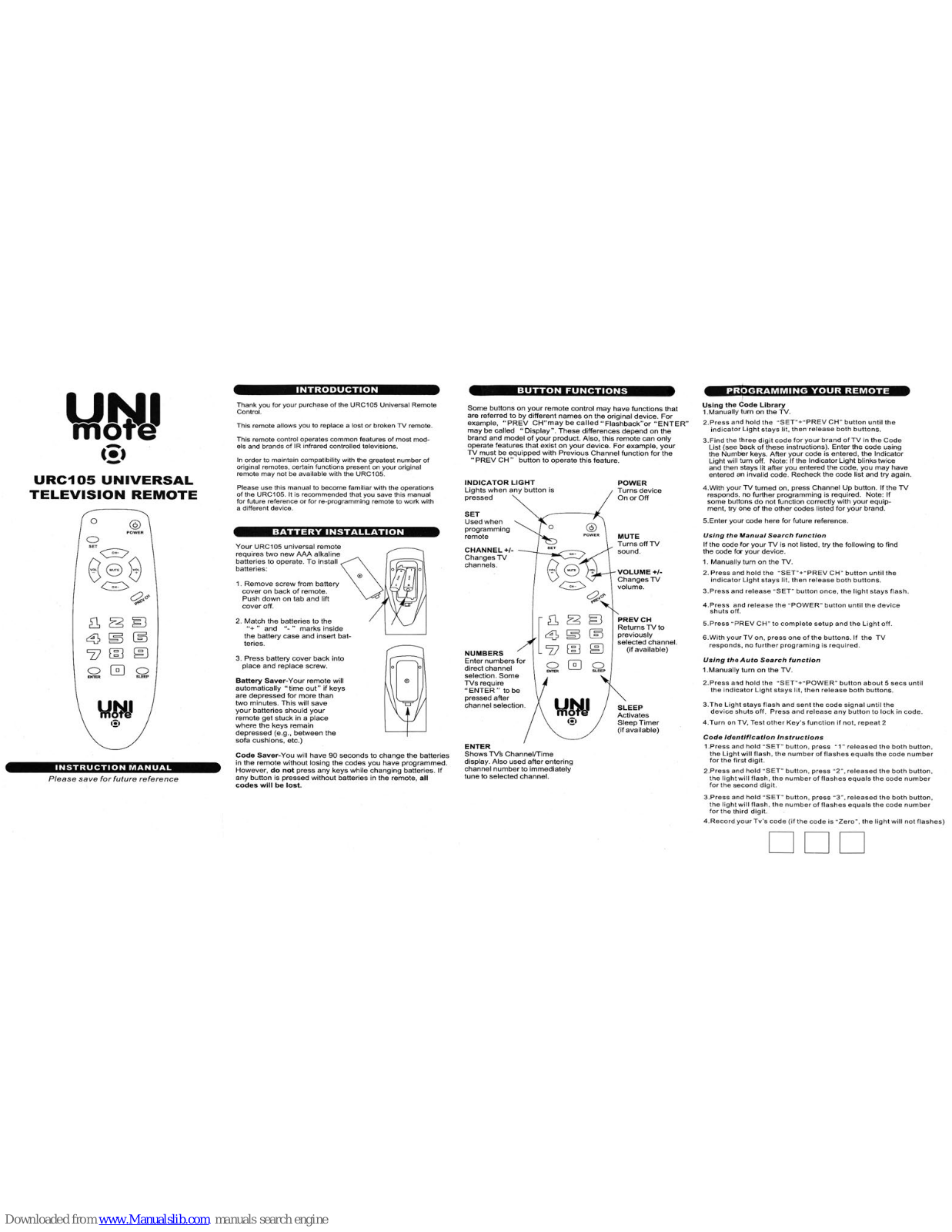 UNI mote URC105 Instruction Manual