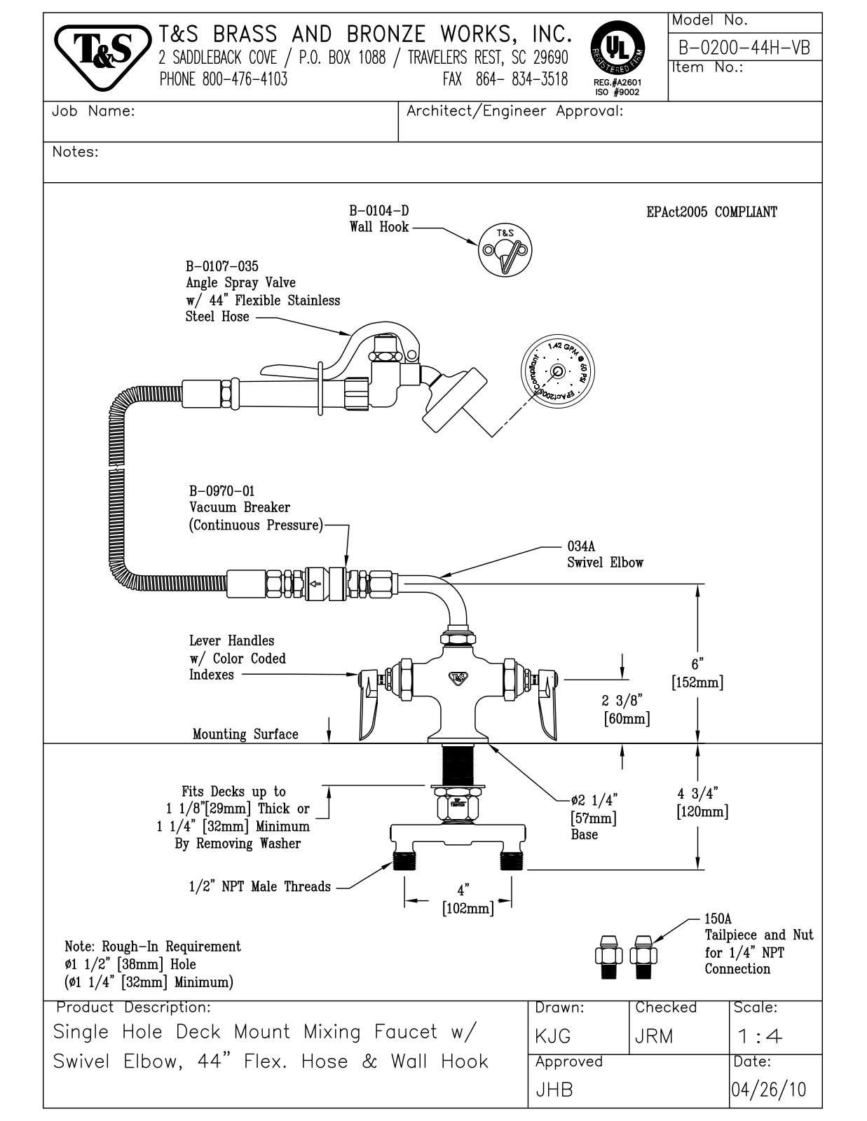 T & S Brass & Bronze Works B-0200-44H-VB General Manual