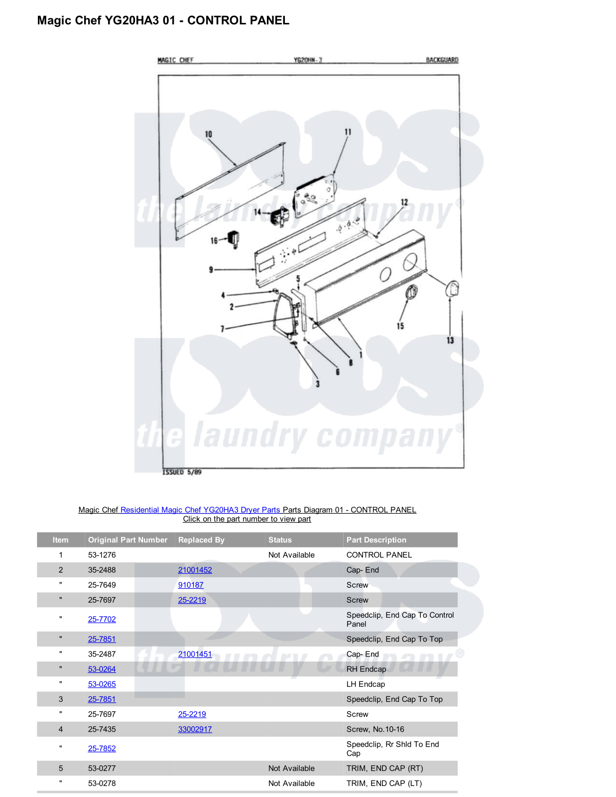 Magic Chef YG20HA3 Parts Diagram