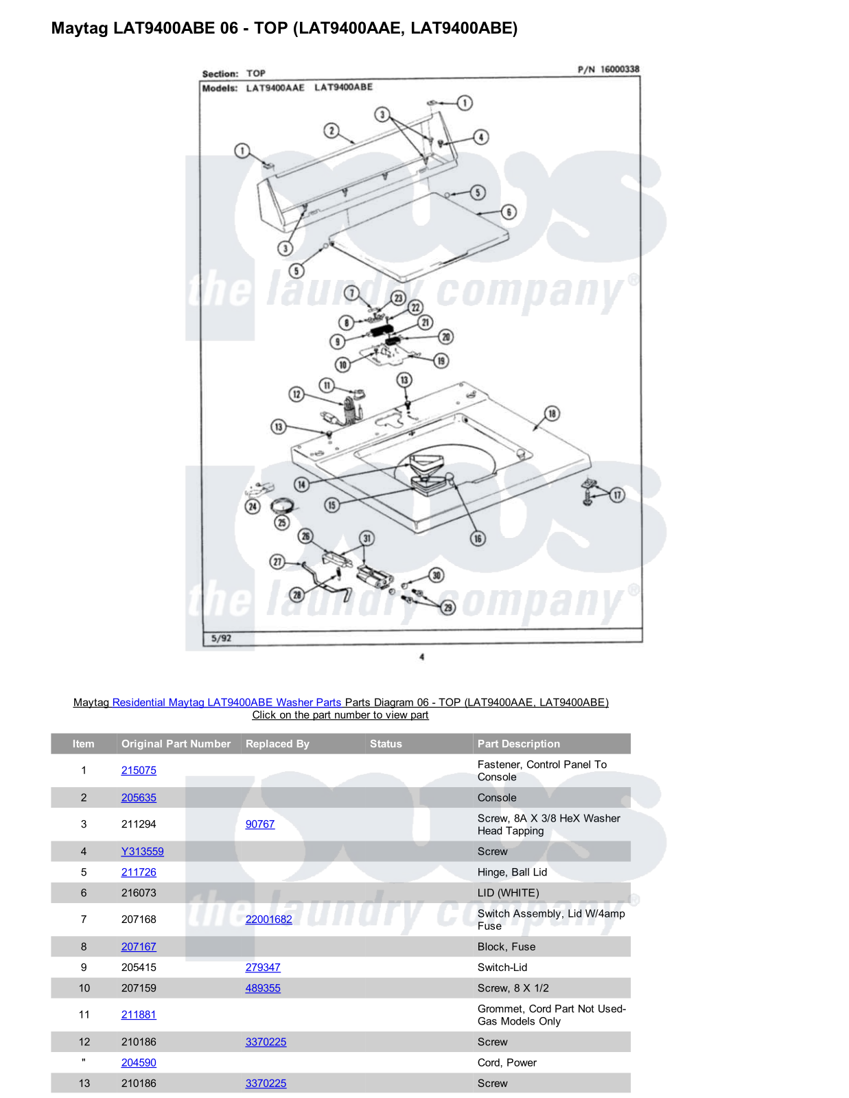 Maytag LAT9400ABE Parts Diagram