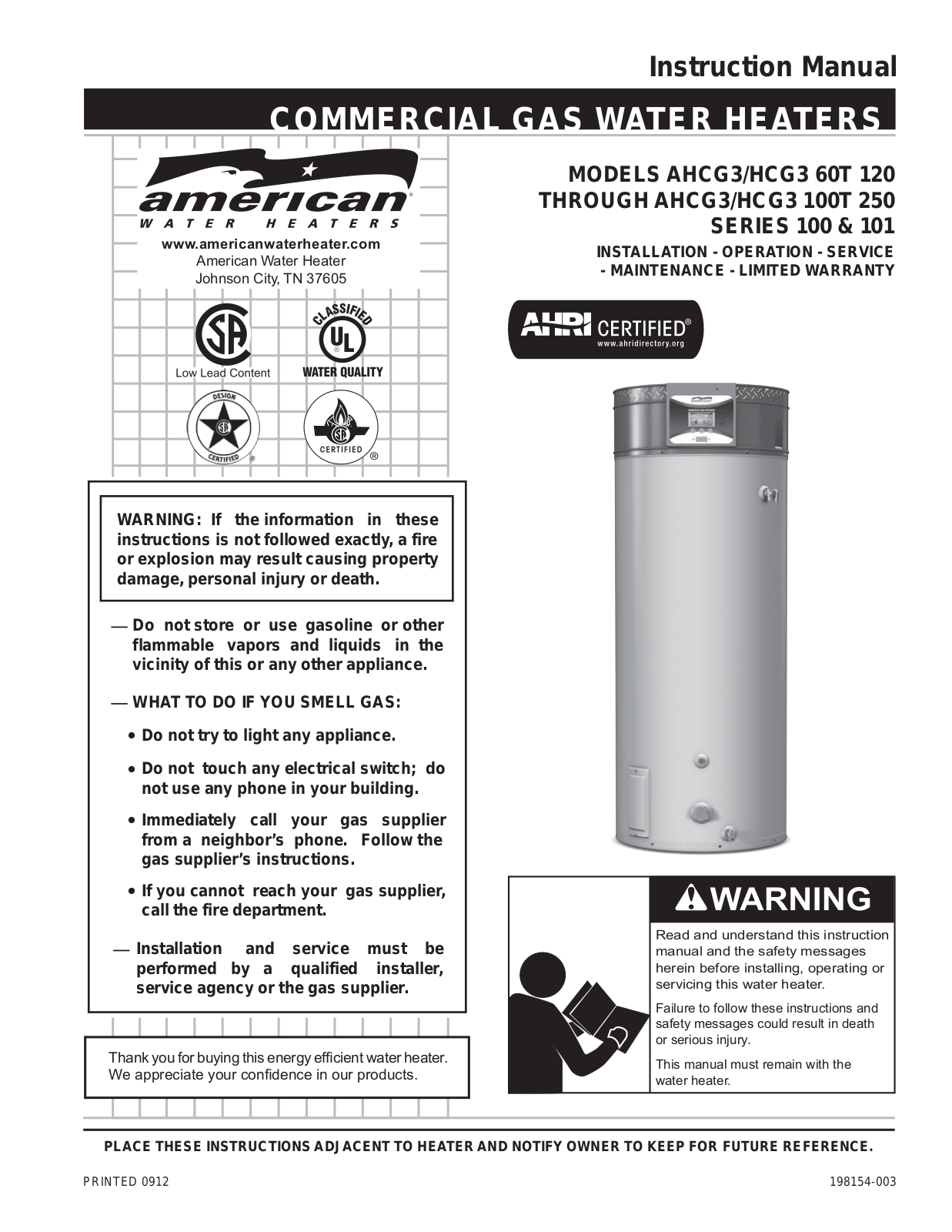 American Water Heater AHCG-HCG3 60T 120, AHCG3 User Manual