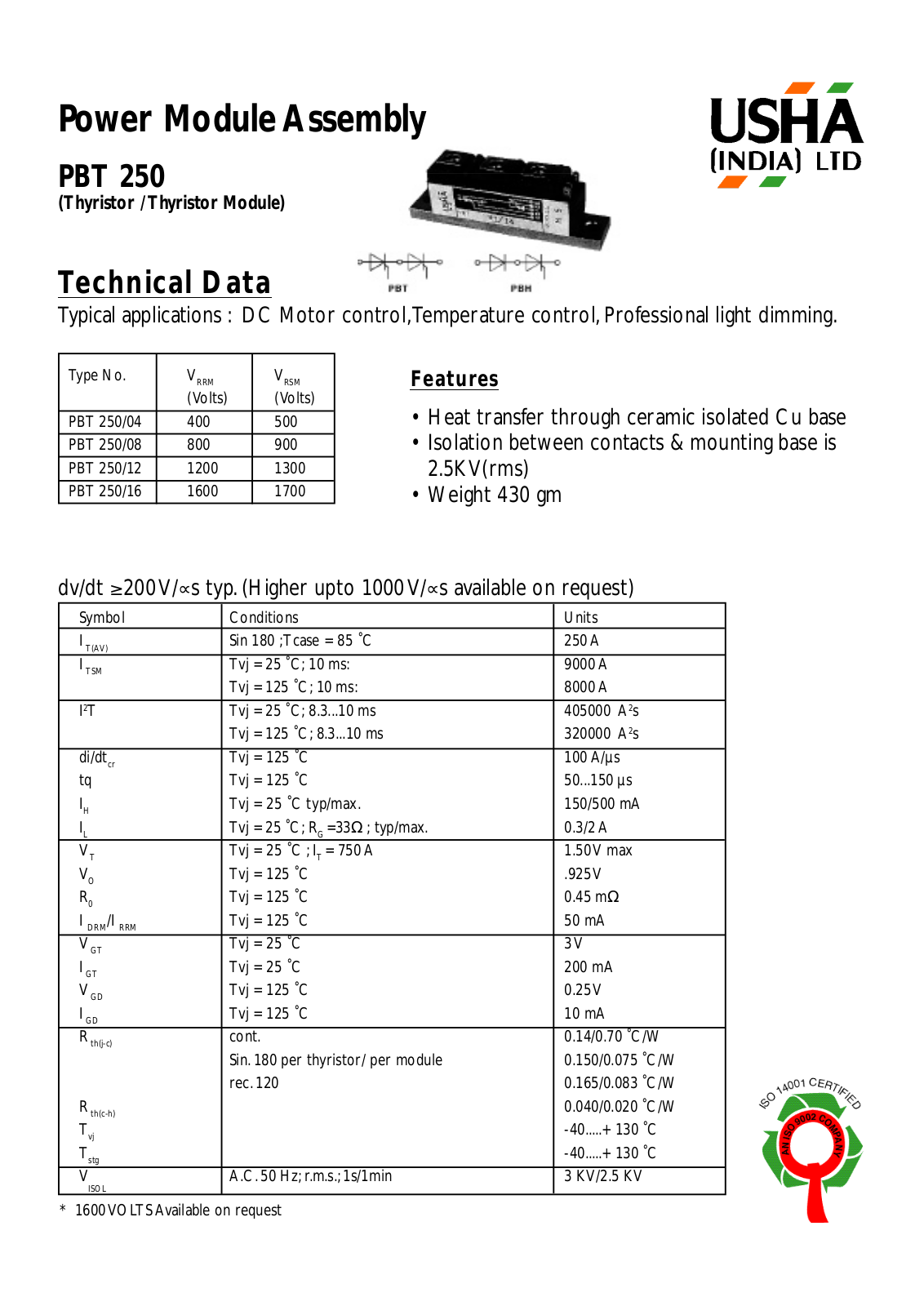 USHA PBT250-04, PBT250-08, PBT250-12, PBT250-16 Datasheet