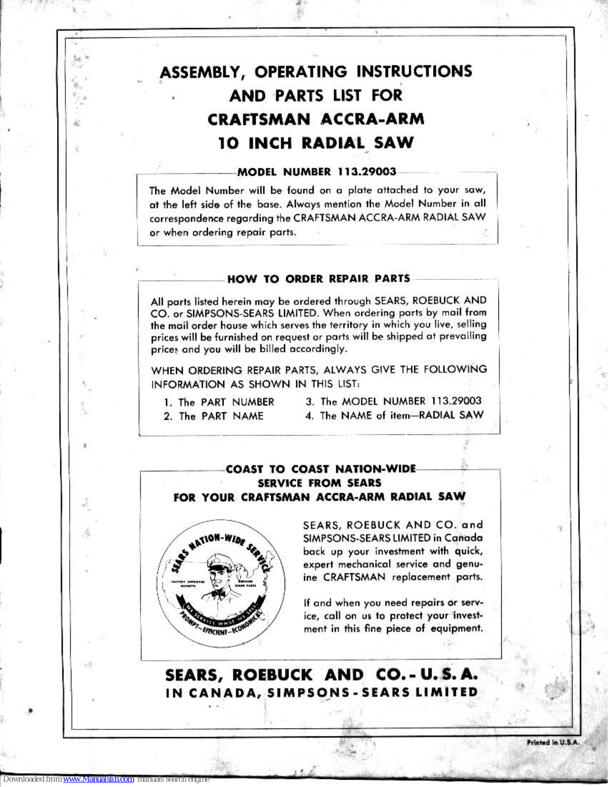 Sears, Roebuck and Co. 113.29003 Assembly & Operating Instructions