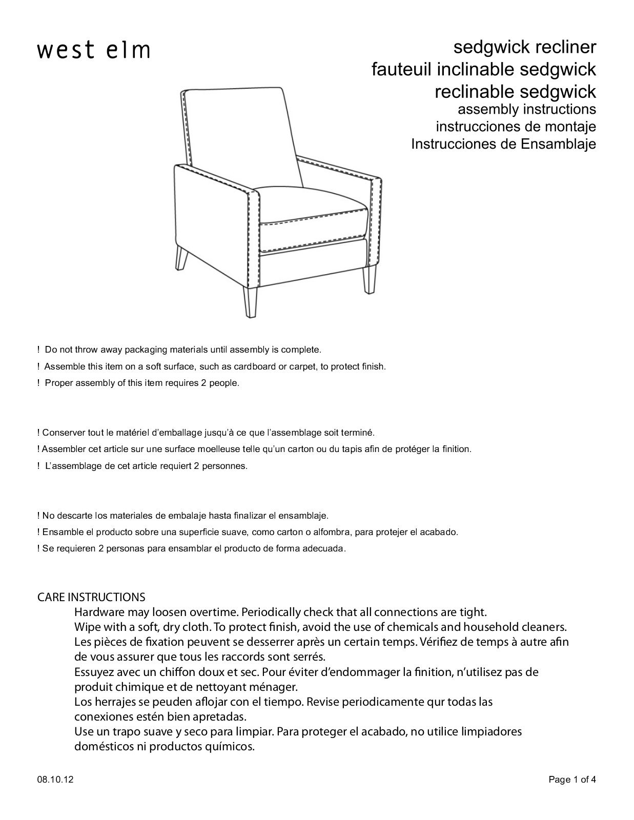 West Elm Sedgwick Recliner Assembly Instruction