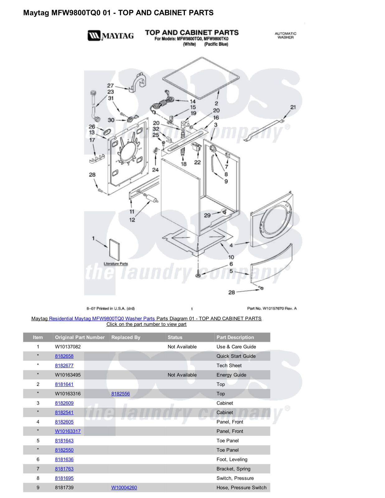 Maytag MFW9800TQ0 Parts Diagram