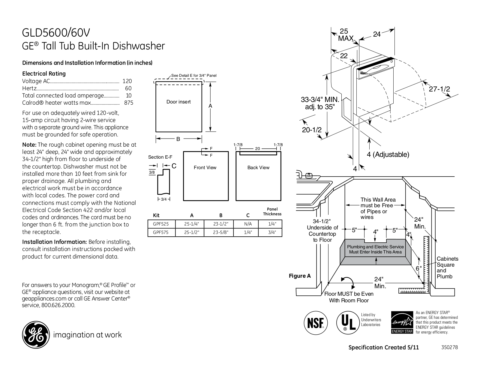 GE GLD5600V, GLD5660V Specification