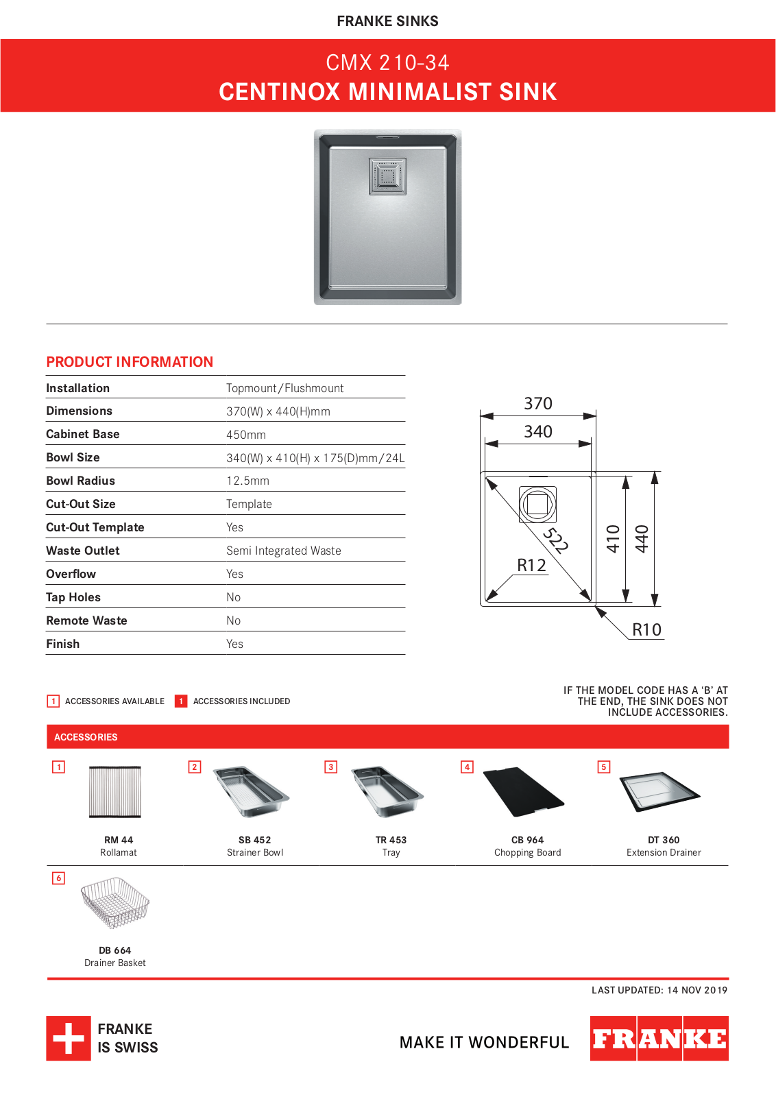 Franke CMX210-34 Specifications Sheet