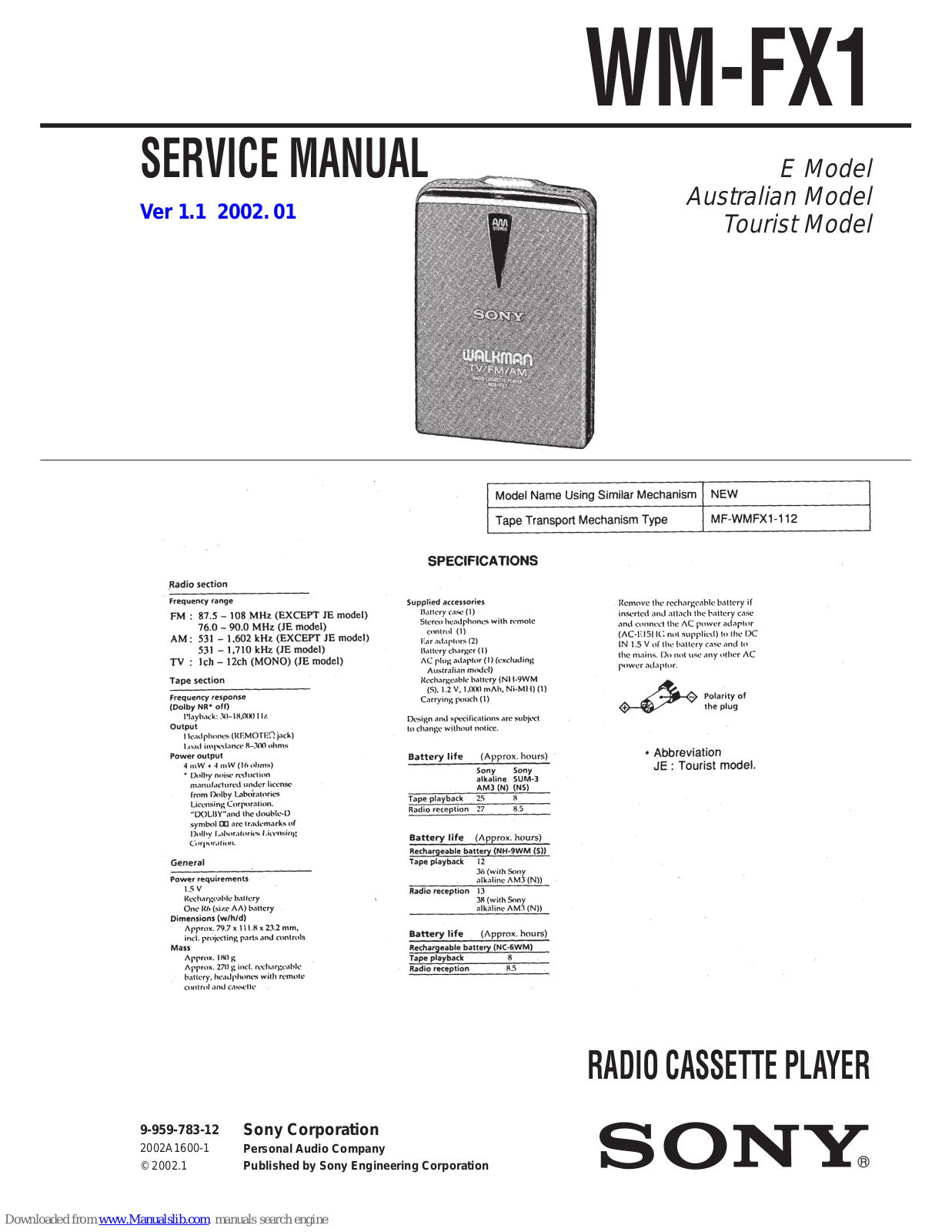 Sony ICF-C102, ICF-C150, CFS-W450, Mega Bass CFD-755S, Mega Bass CFD-765S Service Manual