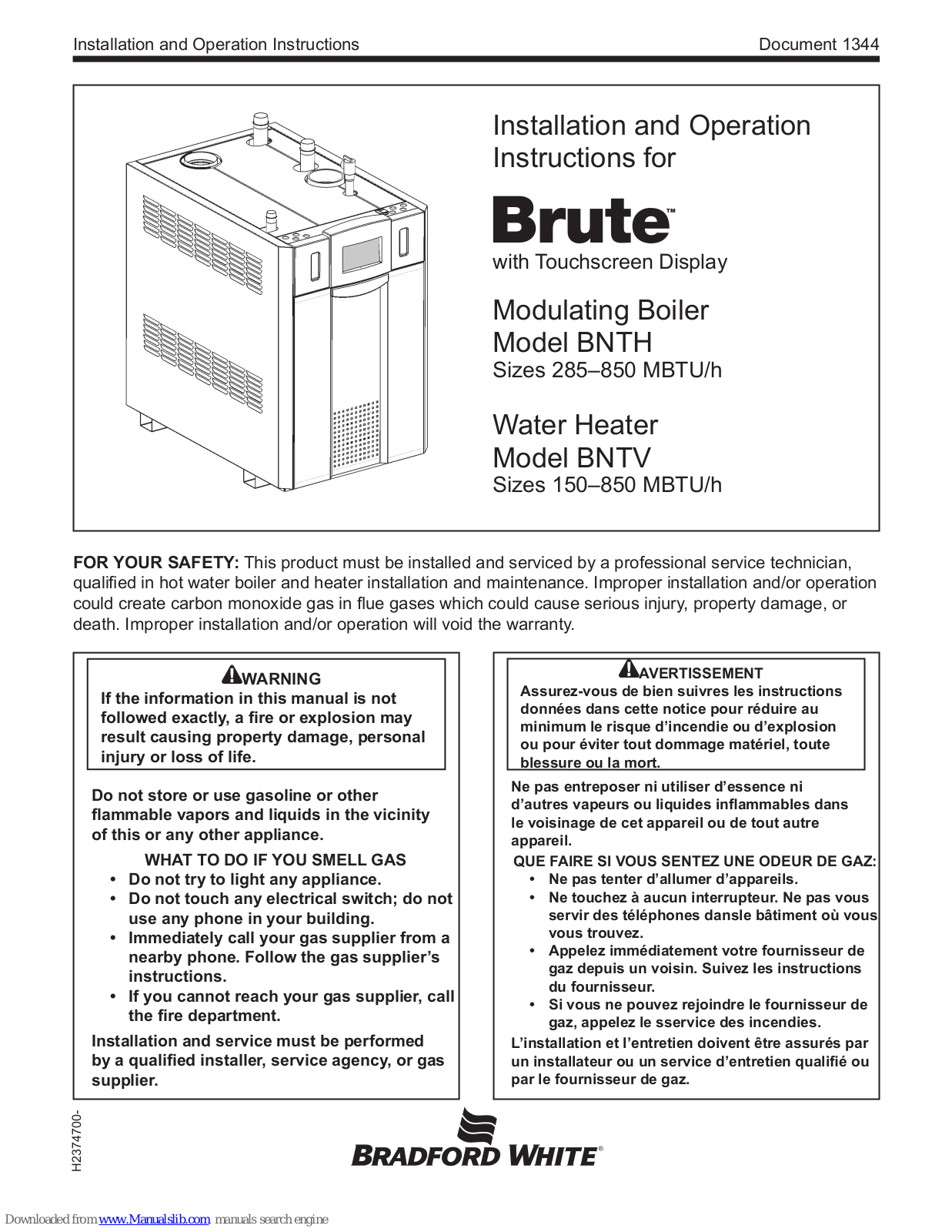 Bradford White Brute BNTH, Brute BNTV Installation And Operation Instructions Manual