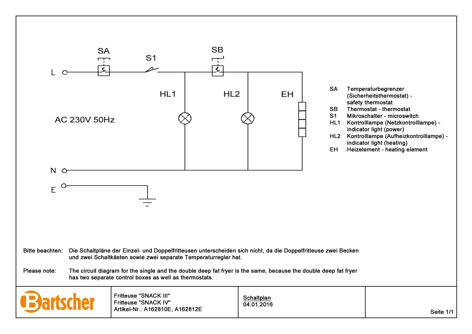 Bartscher A162810E, A162812E, SNACK III, SNACK IV Electrical schema