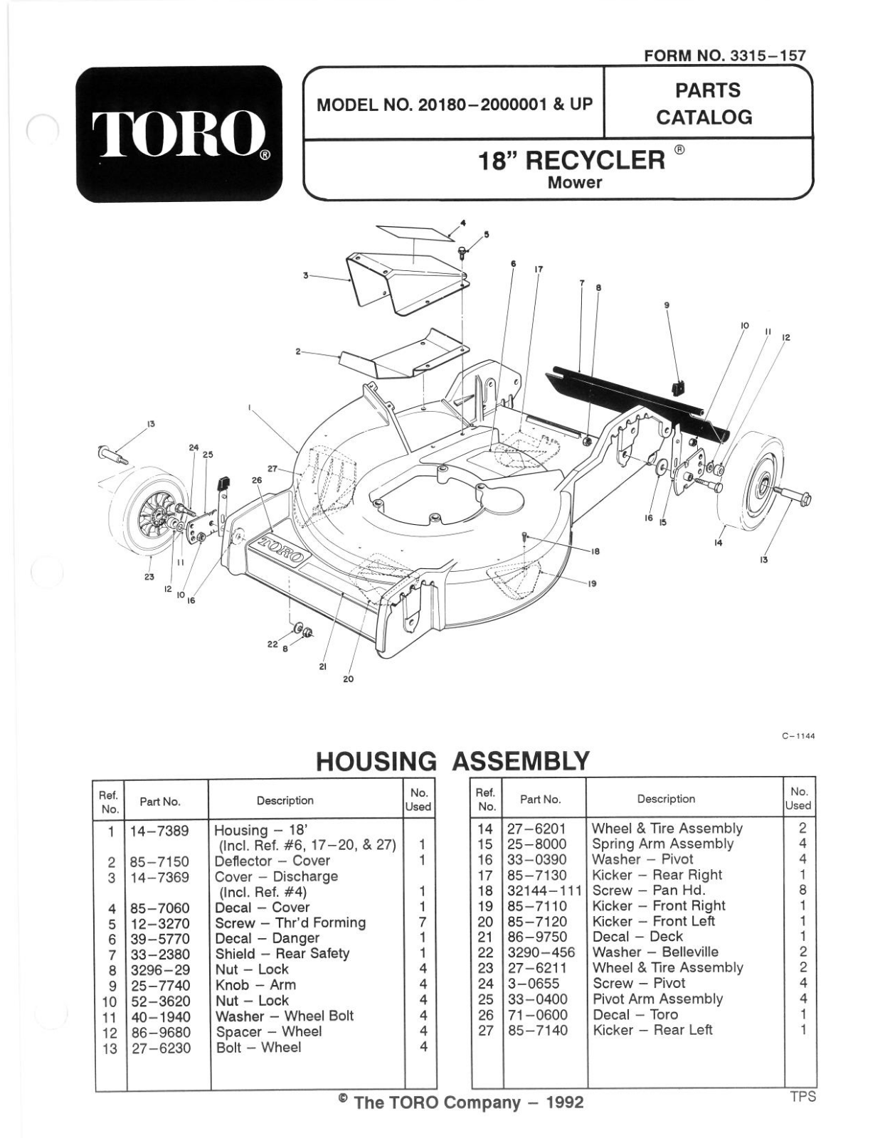 Toro 20180 Parts Catalogue