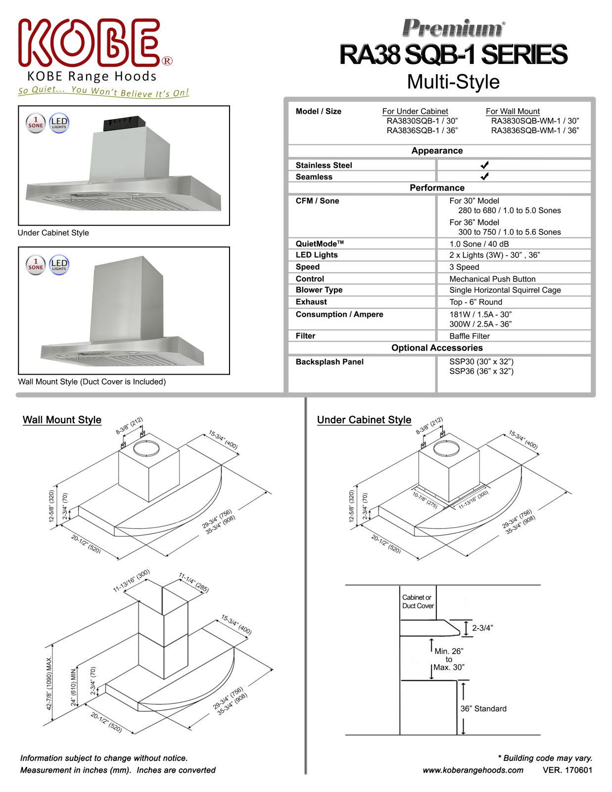 Kobe RA3836SQBWM1, RA3830SQB1 Specifications