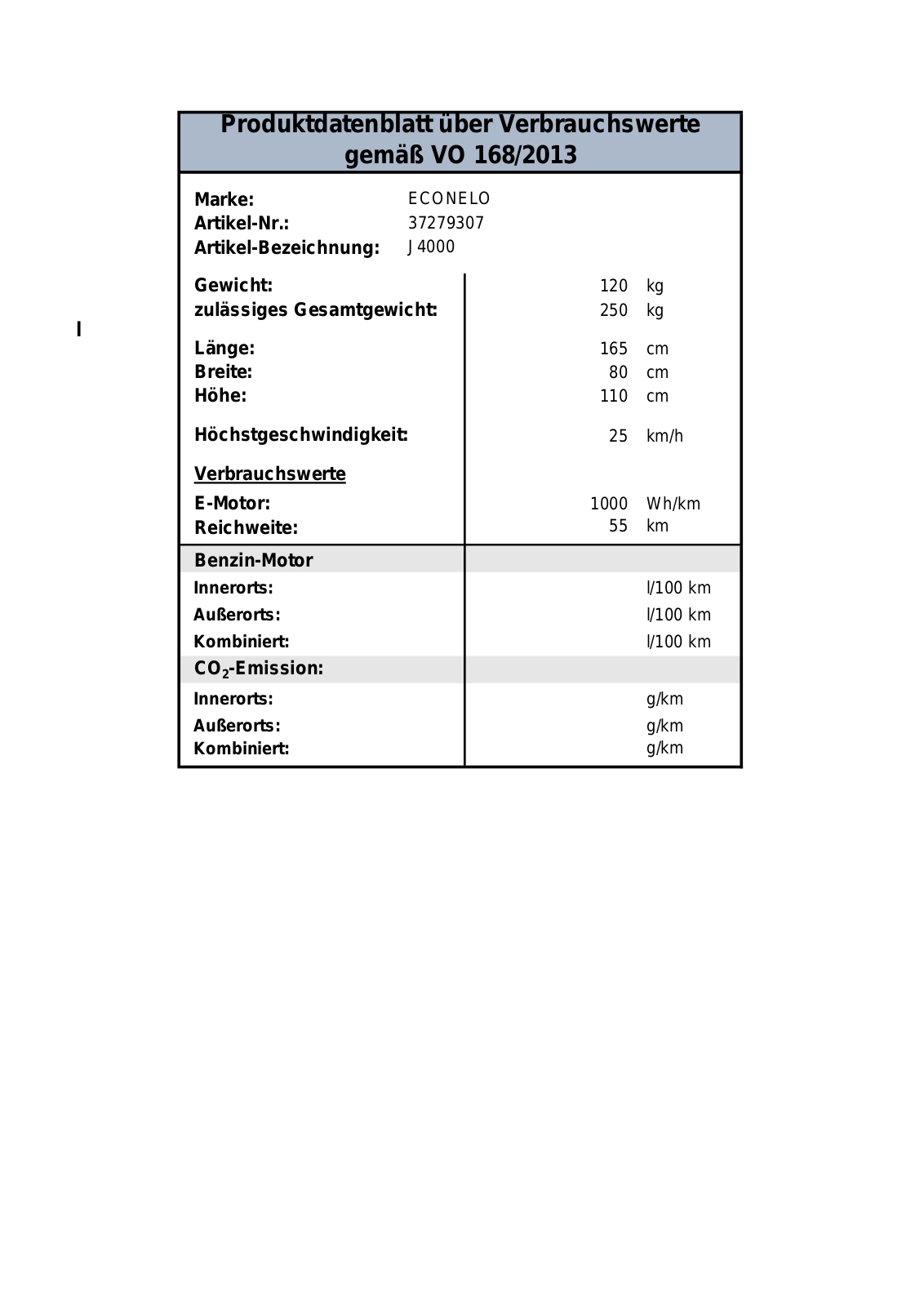 ECONELO J4000 Technical data