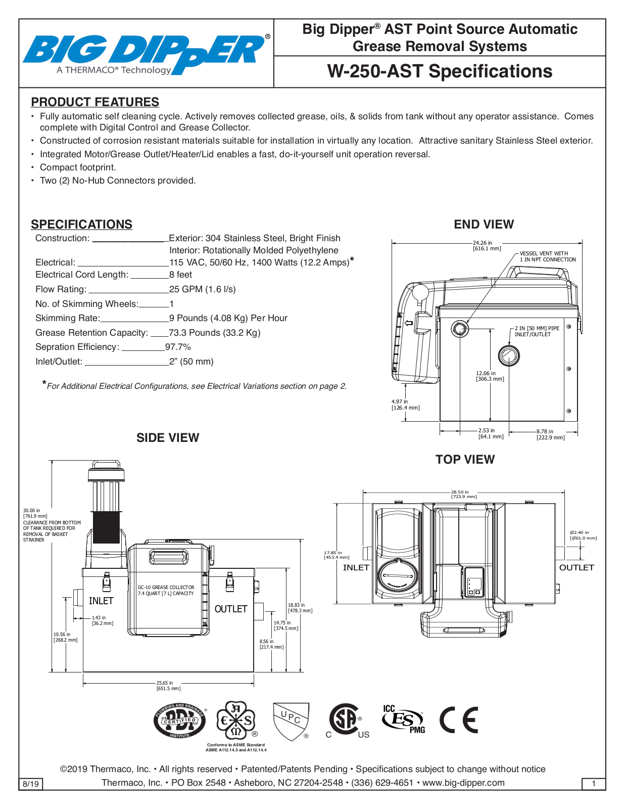 Big Dipper W-250-AST Specifications