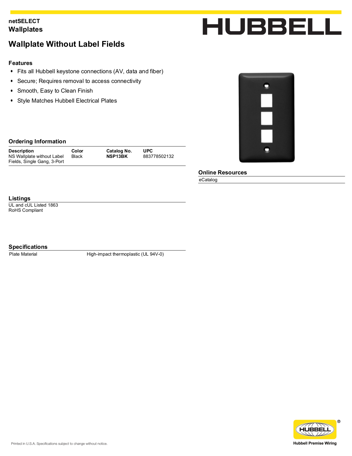 Hubbell NSP13BK Specifications