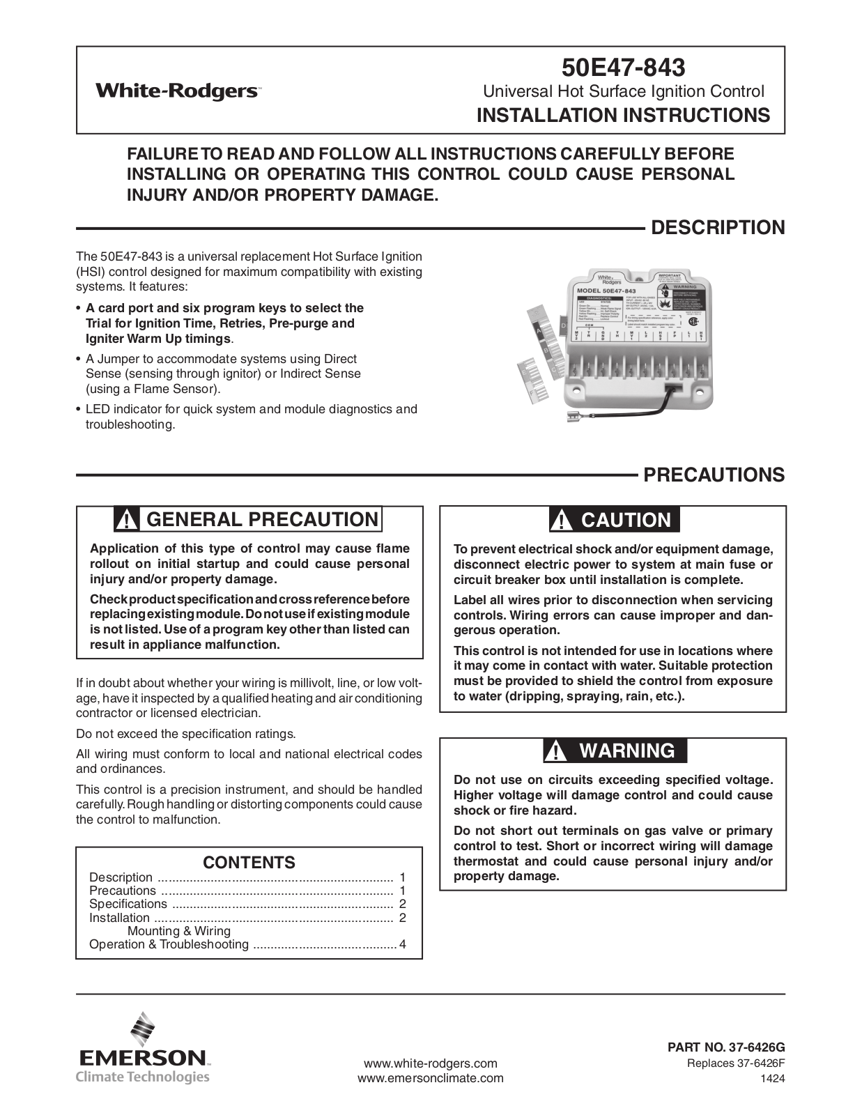 White Rodgers 50E47-843 Installation Instructions